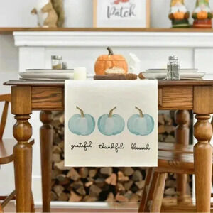 Fall Autumn Tan Linen Table Runner Grateful Thankful Blessed Blue Pumpkins 13X72